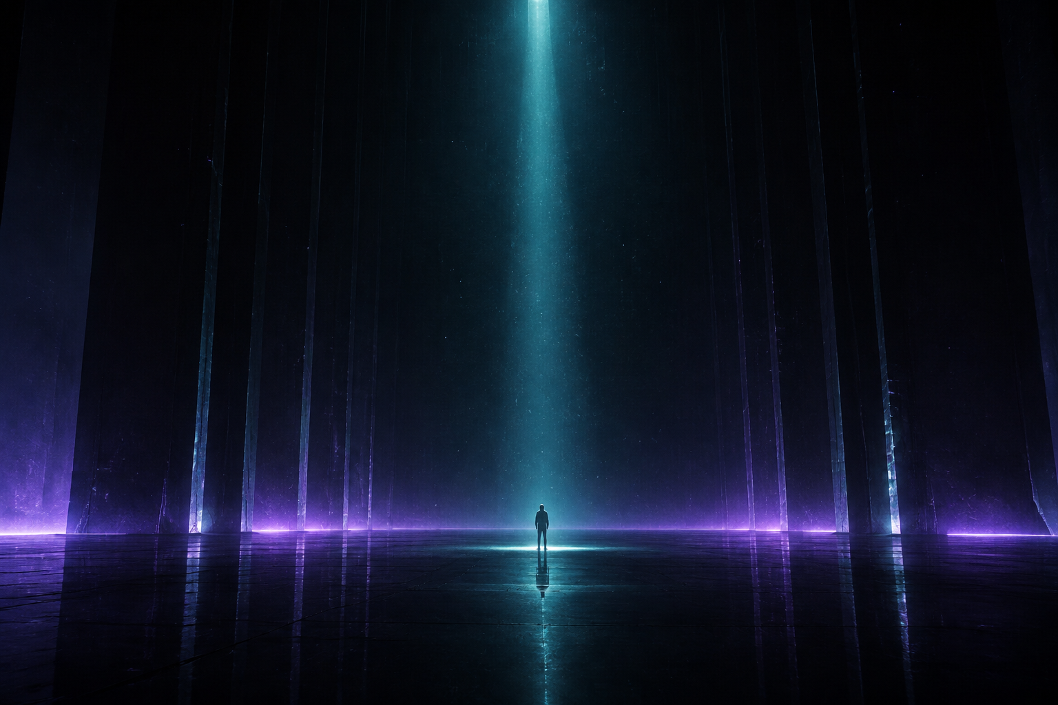 广阔幽暗的空间里，一个孤独的身影站在一束清冷的光下