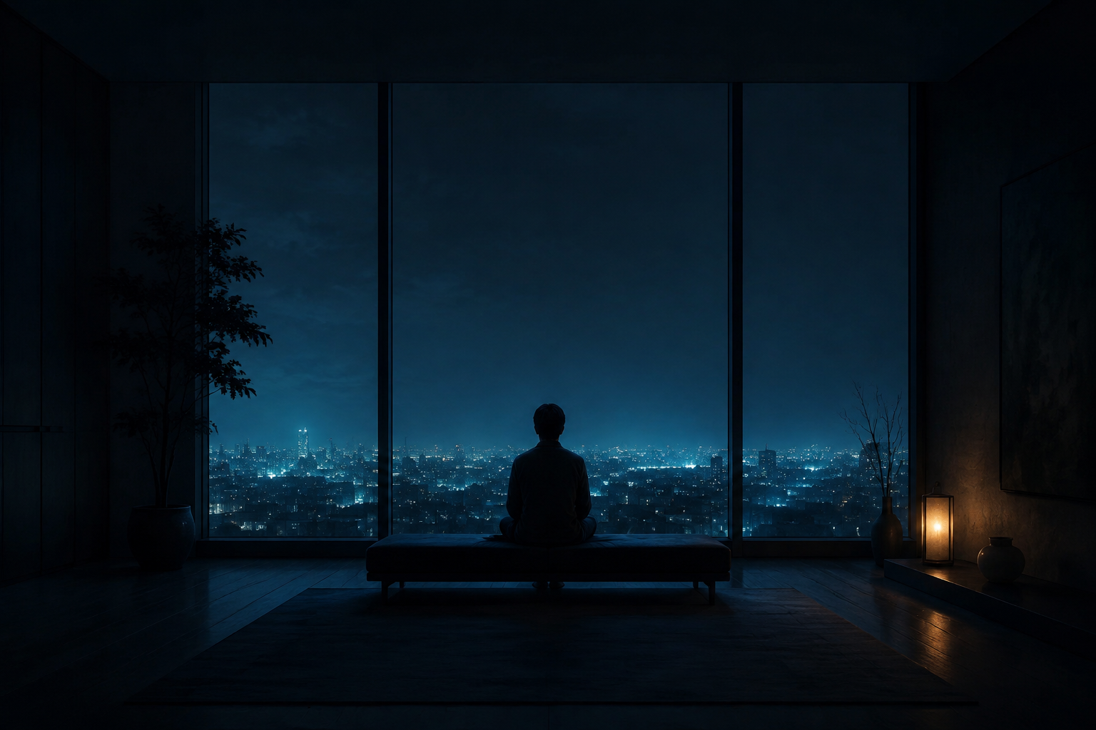 夜里，一个人安静地坐在落地窗前，远处是城市的灯火